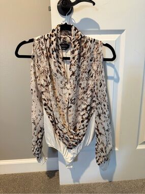 bebe Animal Print Draped Bodysuit in White and Brown